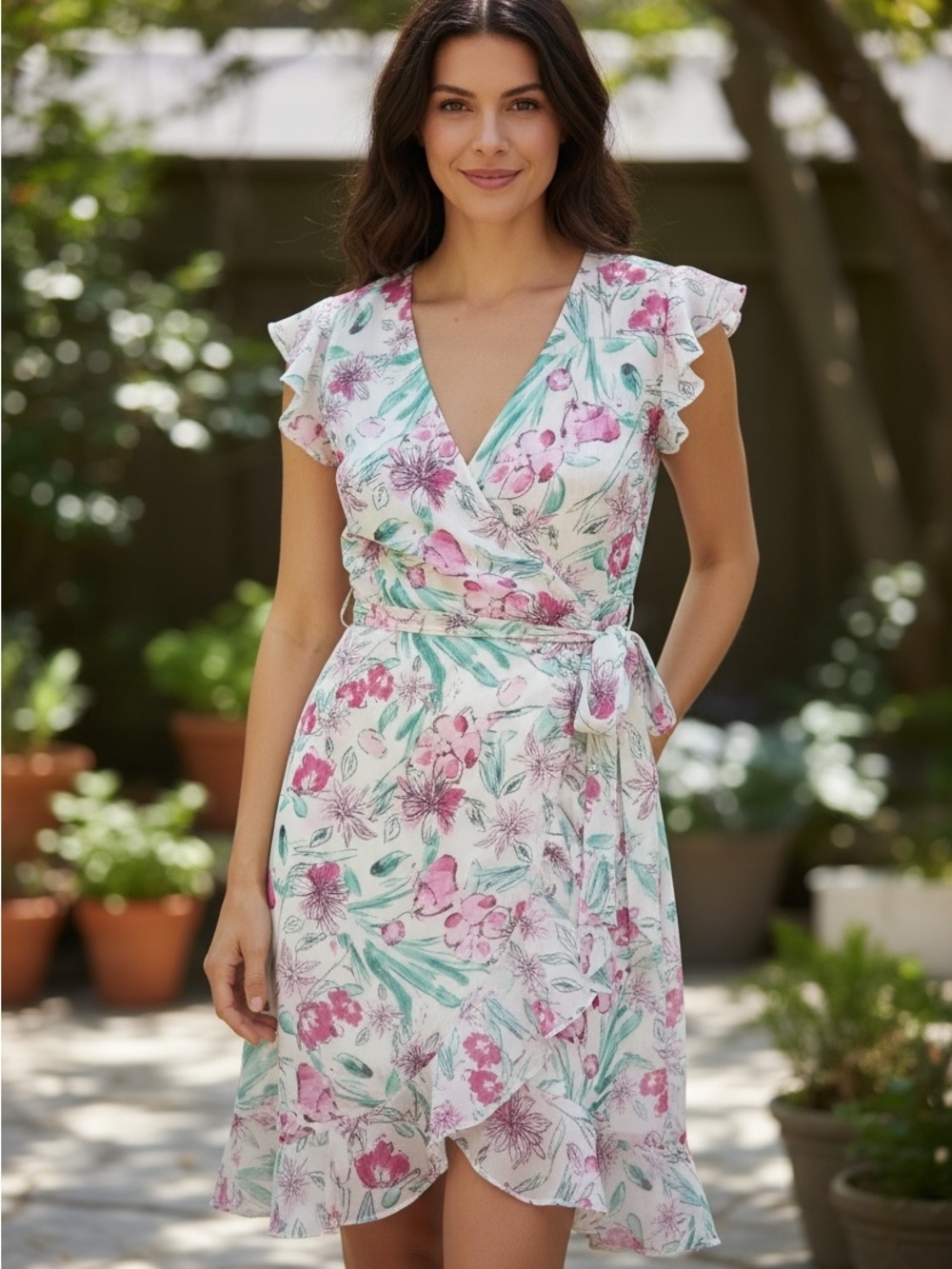 A.n.d. Sz XXL Floral Wrap Dress Lined Lightweight Hi-Low Hem Floral Design | EUC